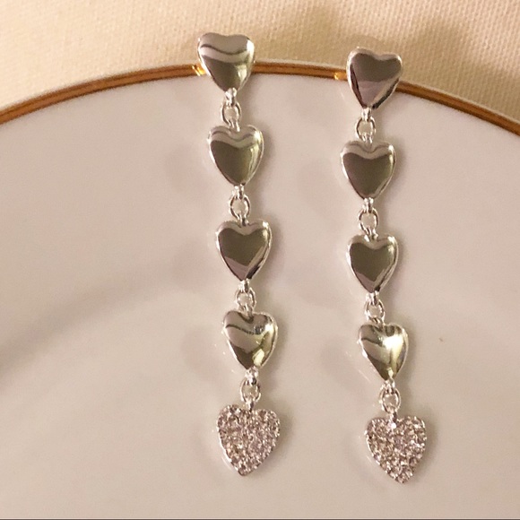 Silver-tone Crystal Multi-Heart Drop Earrings - Picture 2 of 3